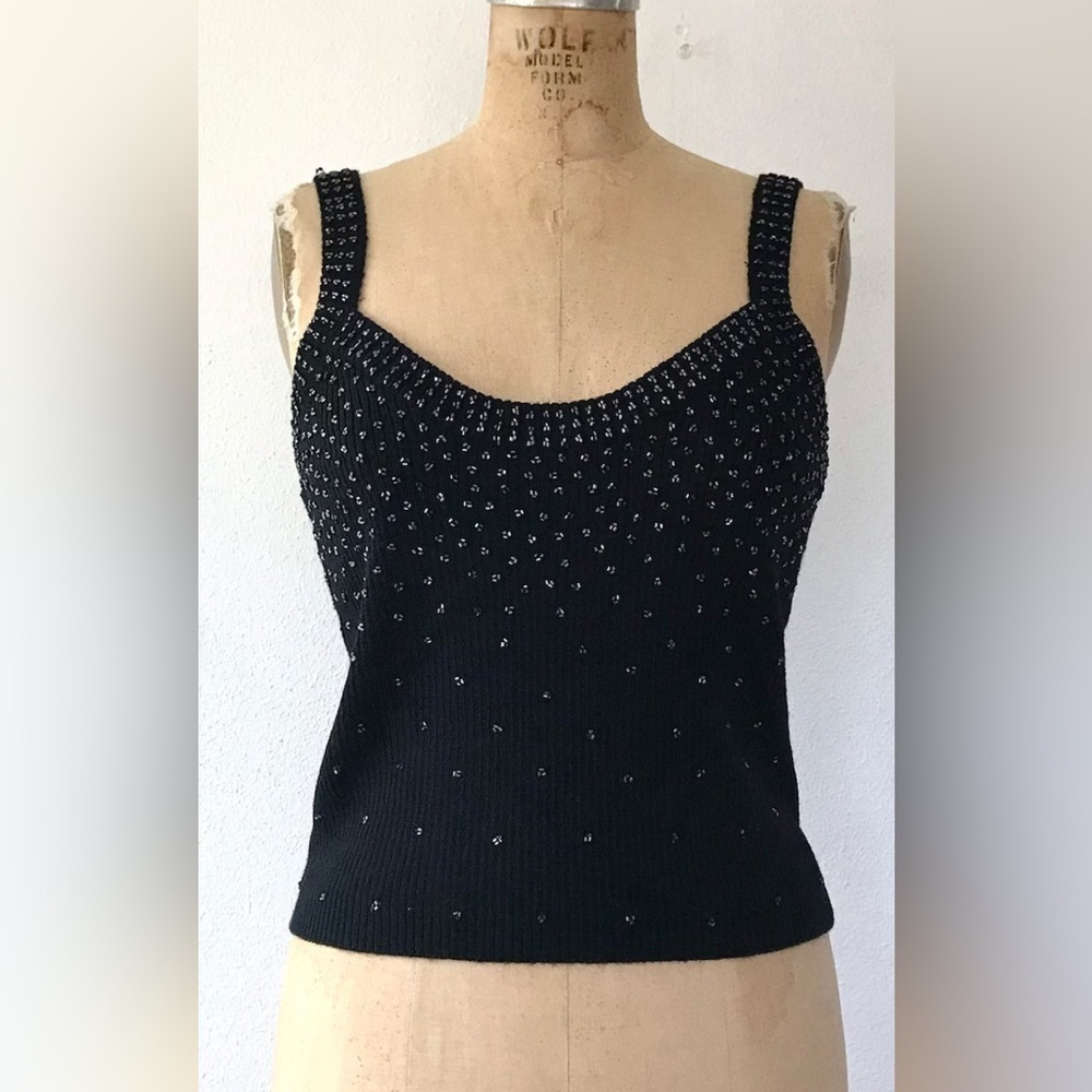 Vintage 60s Beaded Wool Blend tank top w matching cardigan - Picture 3 of 10